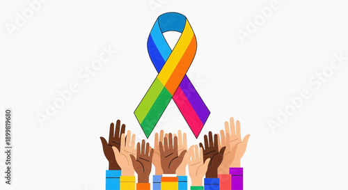 Diverse group of people raising their hands in unity with a rainbow ribbon symbolizing support and solidarity