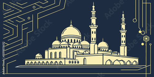 Islamic Architecture, Mosque Illustration with Domes and Minarets on Dark Blue Background