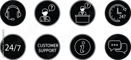 Customer Service Icons: A set of clean, minimalist icons symbolizing comprehensive customer support, including 24/7 availability and various channels for assistance.
