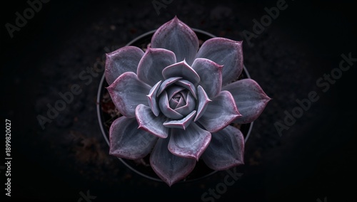 Succulent Plant in a Pot Showing Leaves With Purple Edges Against a Dark Back...