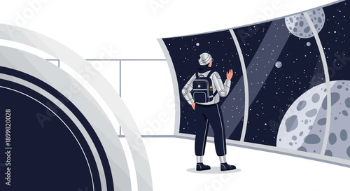 Futuristic space traveler gazes at celestial bodies through panoramic window in a modern habitat