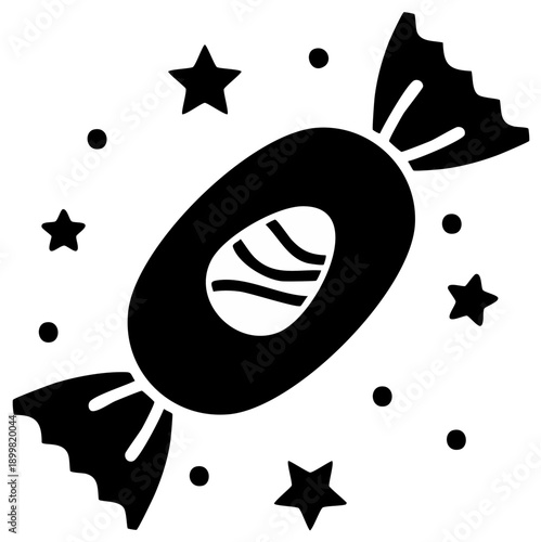 Wrapped Candy with Stars and Dots Simple Sweet Treat Delight Black Silhouette Icon Festive Theme Food Decoration