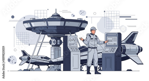 Futuristic spaceport environment with spaceships, control panels, and engineer overseeing