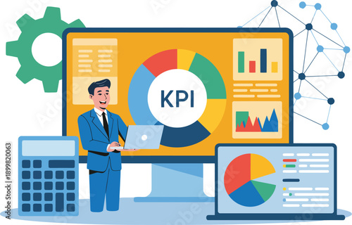 Businessman analyzing key performance indicators on modern office screens
