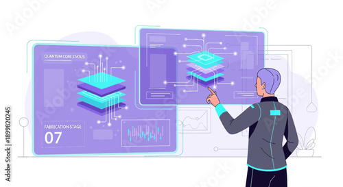 Futuristic technology expert analyzing quantum core data on holographic displays with