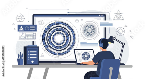 Futuristic technology interface design displayed on computer with a man analysing it