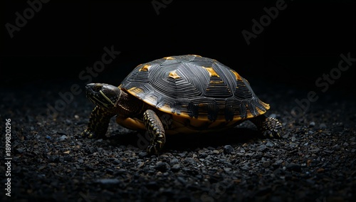 Turtle Walks Slowly on Dark Gravel Ground at Night Near a Bright Light Source