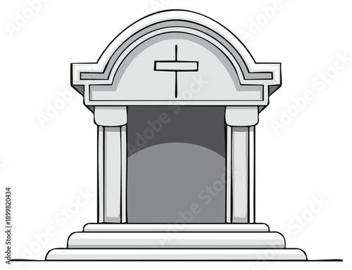 Cartoon illustration of a stone mausoleum with an arch and cross.