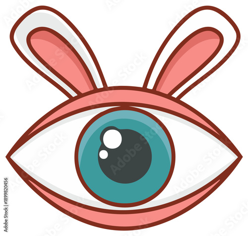 Cartoon Eye with Pink Bunny Ears and Teal Iris, Whimsical Concept