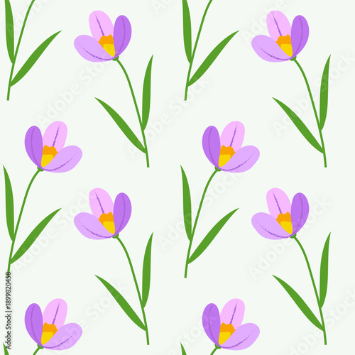 Floral background with purple crocuses. Modern cute delicate background with spring plants on a light background. Vector.