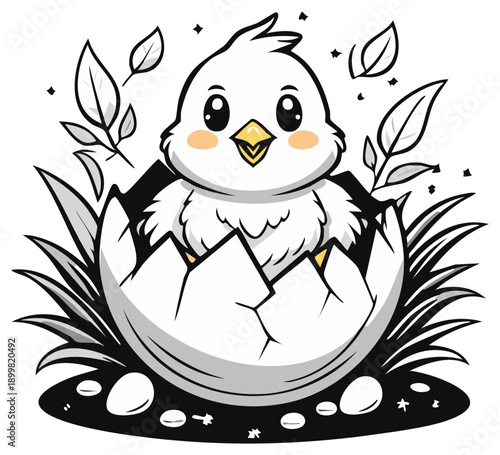 Adorable fluffy chick hatching from a cracked egg surrounded by grass and leaves