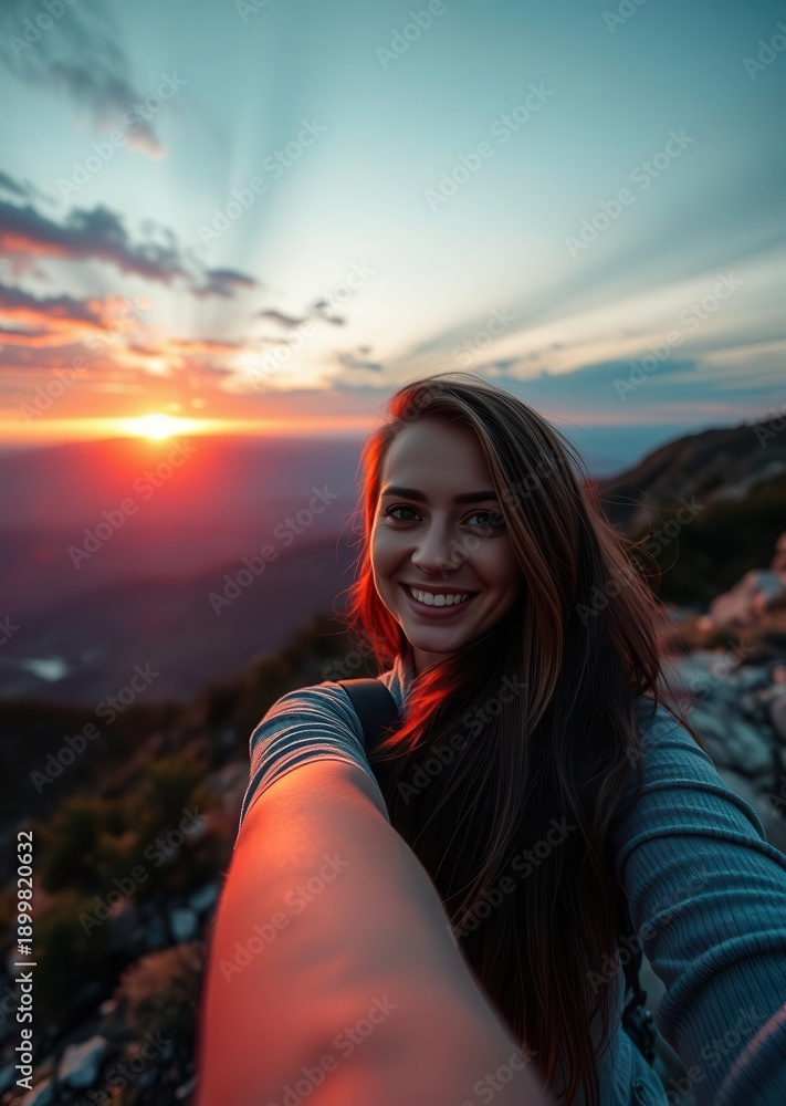 Fototapeta premium Woman taking selfie in nature on mountian with sunset in backgro vibrant modern cocktail drink bar garnish colorful rim stylish