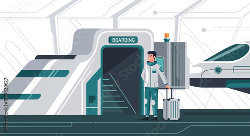 Futuristic travel scene with passenger boarding a spacecraft for interstellar destinations
