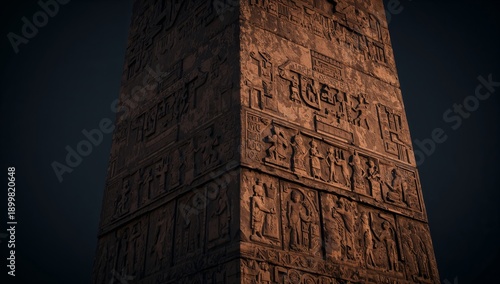 Large Stone Obelisk With Carvings Displayed in Dim Light