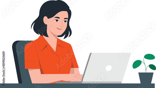 Smiling businesswoman working on laptop in modern office setting