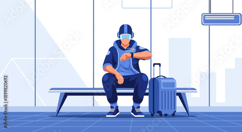 Futuristic traveler awaiting transportation in a modern terminal setting illustration