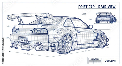 Drift Car Rear View Technical Drawing Blueprint.