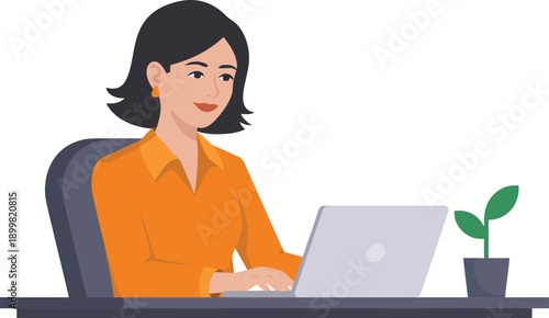 Smiling businesswoman working on laptop in modern office setting