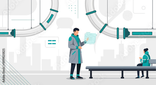 Futuristic urban scenario: interaction with technology in public spaces and design elements