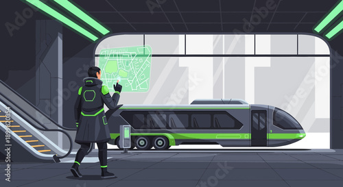 Futuristic urban transportation system with integrated digital interface in a subway station