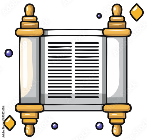 Cartoon illustration of a Torah scroll with gold accents and decorative elements.