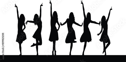 Black silhouettes of six elegant young women in dresses dancing and celebrating with raised arms and expressive poses isolated on white background for party