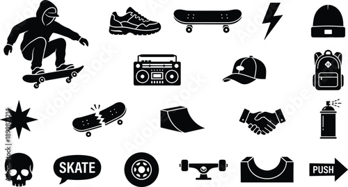 Skateboarder silhouette with graffiti elements, urban sports vector icons