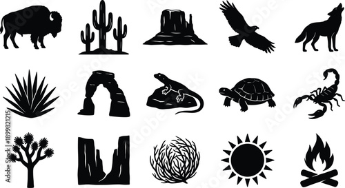 Desert landscape vector icons, wild west wildlife and plants silhouette