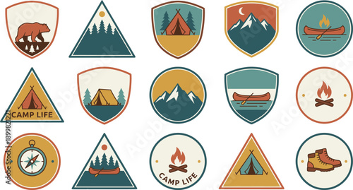 Vintage-style camp life emblems with nature motifs, tents, and adventure icons.