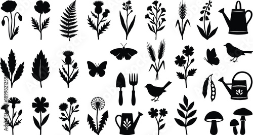 Gardening and nature vector icons, spring flowers, plants and tools