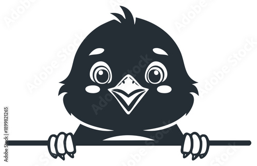 Cartoon bird peering over a line, simple black and white illustration.