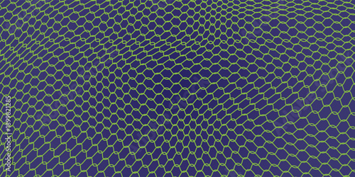 Yellow geunge vector illustration featuring a hexagonal mesh pattern warped into a wavy, curved form resembling DNA structure. background