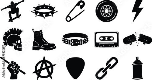 Punk rock and rebellion vector icons, skull, boot, anarchy symbol