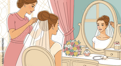 Cartoon illustration of a bride getting ready, with a bridesmaid adjusting her veil. Soft colors and a warm, happy mood suitable for wedding-themed designs.