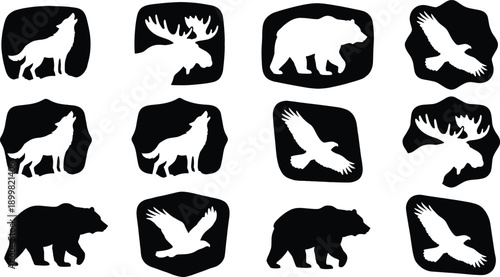Wilderness animals vector icons, wildlife silhouettes for nature and adventure