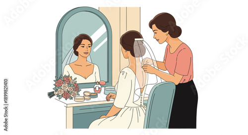 Cartoon illustration of a bride getting ready for her wedding, her stylist adjusting her veil. Ideal for wedding service websites, blogs, or social media.