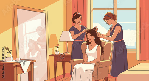 Illustration of a bride getting ready for her wedding with help from bridesmaids. Serene, hopeful mood. Perfect for wedding blogs, invitations, or related businesses.