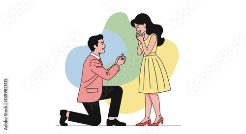Illustrated image of a man kneeling proposing to a woman with a diamond ring. Great for illustrating engagements, weddings, relationships, and love in general.