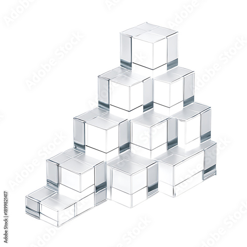 A pyramid stack of shiny metal cubes on a transparent background for decoration