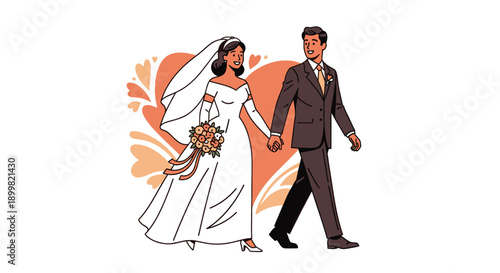 Illustration of a happy bride and groom walking hand-in-hand on their wedding day. Use for invitations, blog posts, wedding services marketing, or announcements.