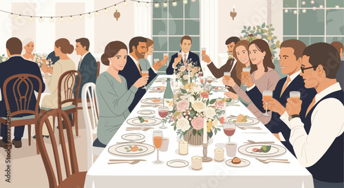 Illustrated style image of a wedding reception dinner party with guests at a long table, enjoying the celebration, toasting with drinks, soft colors, elegant setting.