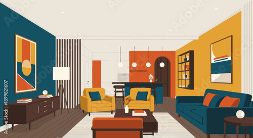 Illustration of a modern living room and kitchen with colorful furniture, rugs, and artwork. Clean and appealing design suitable for interior design blogs and creative advertisements.