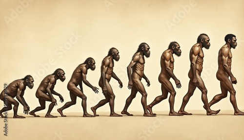 Illustration shows human evolution from ape-like ancestors to modern man. Early hominids walk upright transitioning to Homo sapiens. Science visualizes species development over time.