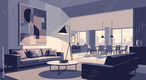 Illustration of a stylish, modern apartment interior featuring a living room and dining area, with a cityscape view. Ideal for real estate, design, or lifestyle advertisements.