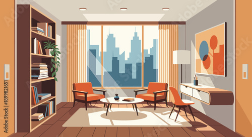 Bright and airy living room illustration featuring orange armchairs, a cityscape view, and modern decor. Ideal for real estate marketing, design blogs, and interior design concepts.