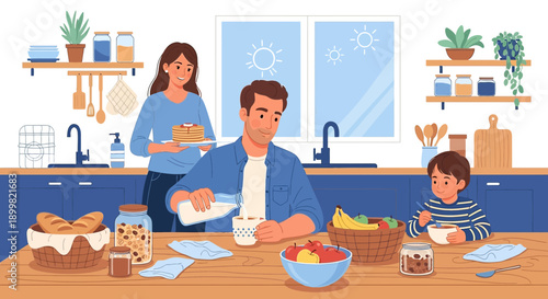 Harmonious family morning scene with breakfast preparation and shared joy at home