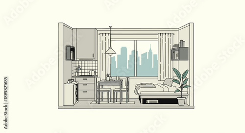 Minimalist vector illustration of a studio apartment with kitchen, dining area, and bed. The design is clean and modern. Ideal for illustrating small space living and design trends.