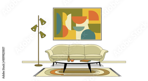 Illustration of a mid-century modern living room with a sofa, lamp, rug and geometric artwork. Clean lines, warm colors. Use for interior design blogs, articles.