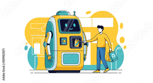 Illustration depicting sustainable recycling through robotic automation and consumer participation