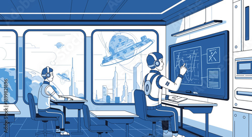 Illustration depicting students in a futuristic classroom, engaged in advanced scientific studies